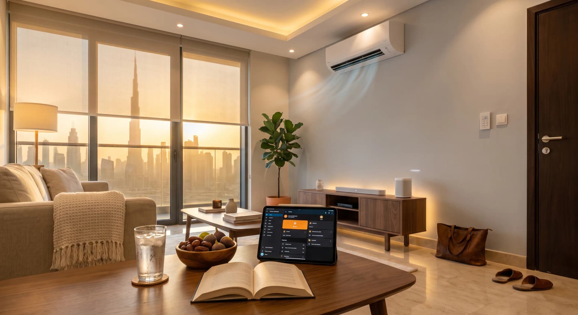 A lived-in Business Bay apartment at golden hour the moment someone has just walked in, warm 2700K living-room lights on at a soft level, a Daikin split unit quietly running with the room already cool, a motorized roller blind half-drawn against the west-facing floor-to-ceiling windows with the Burj Khalifa skyline in warm haze, a Sonos speaker glowing faintly on the console with music playing, an iPad on the walnut coffee table showing a Home Assistant dashboard with a Home scene highlighted, a Lutron Caseta keypad by the entry, work bag set down by the door, leather slippers, a glass of water with condensation, an open book, a bowl of dates and figs, a fiddle-leaf fig plant, no people