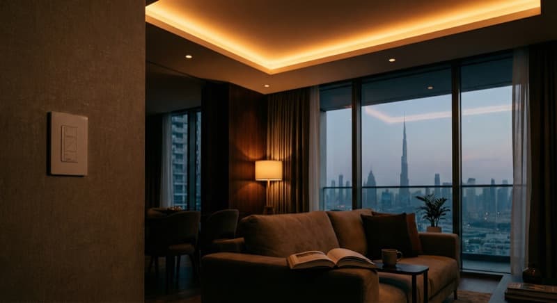 Smart lighting scene in Palm Jumeirah villa living room